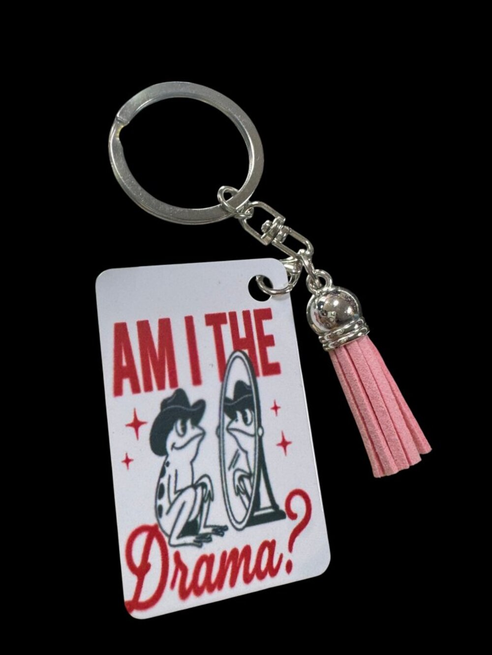 Am I the Drama Funny Frog Keychain, Metal, with Pink Tassel Charm, Novelty Ke
